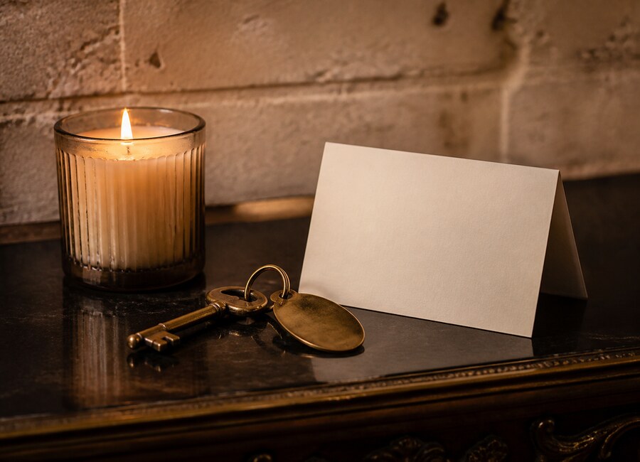 A chamber candle glowing beside a hotel key